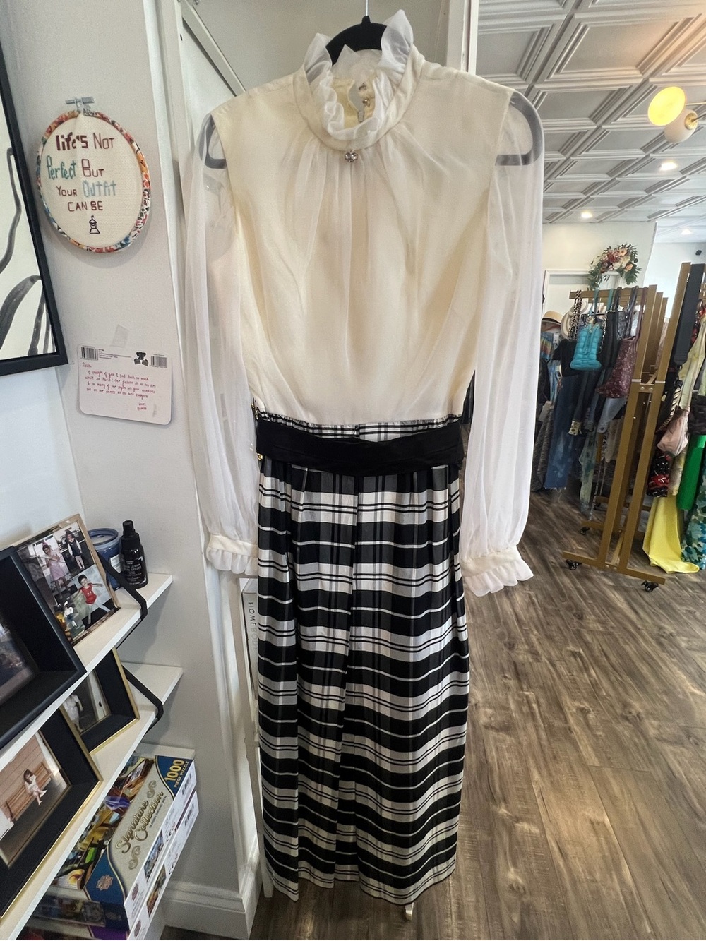 Vintage Sheer White Blouse & Black Plaid Skirt Dress